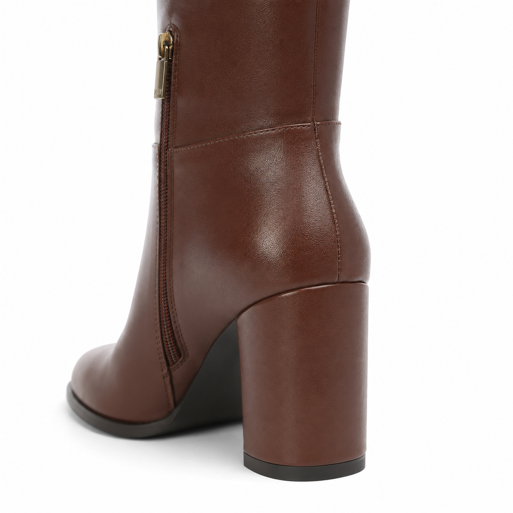 Rich Brown Pistoia Leather Block-Heel Boots close-up detail