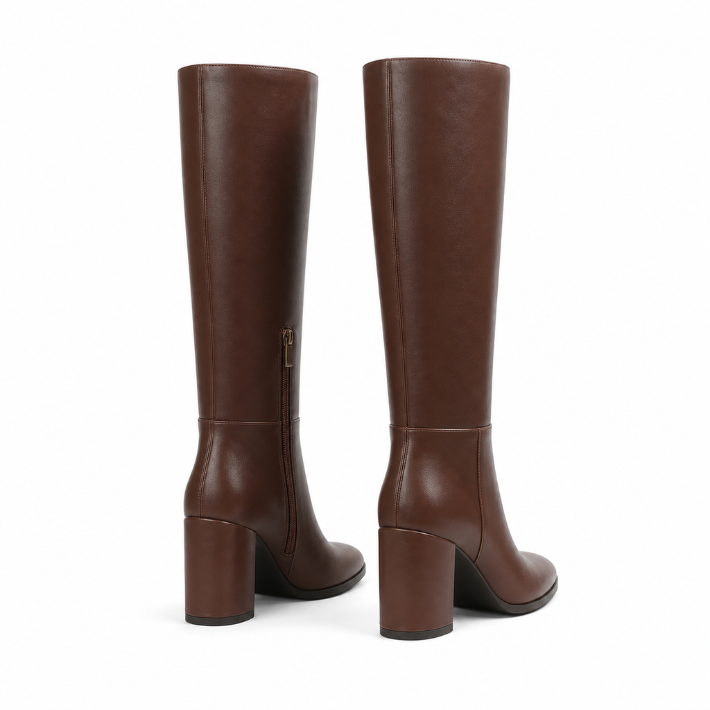 Rich Brown Pistoia Leather Block-Heel Boots heel detail
