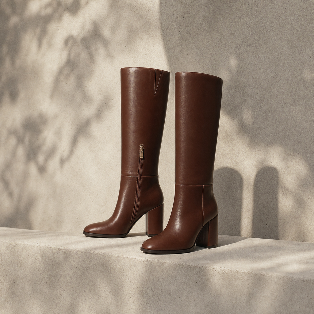 Rich Brown Pistoia Leather Block-Heel Boots styled scene