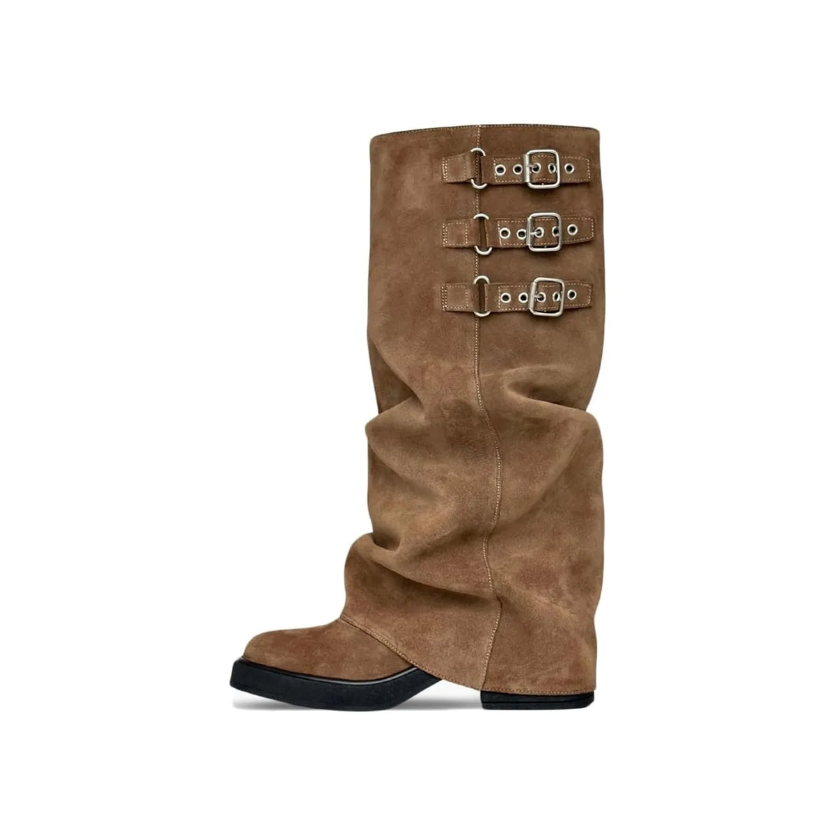 Brown Nubuck Lamego Buckle Block-Heel Boots