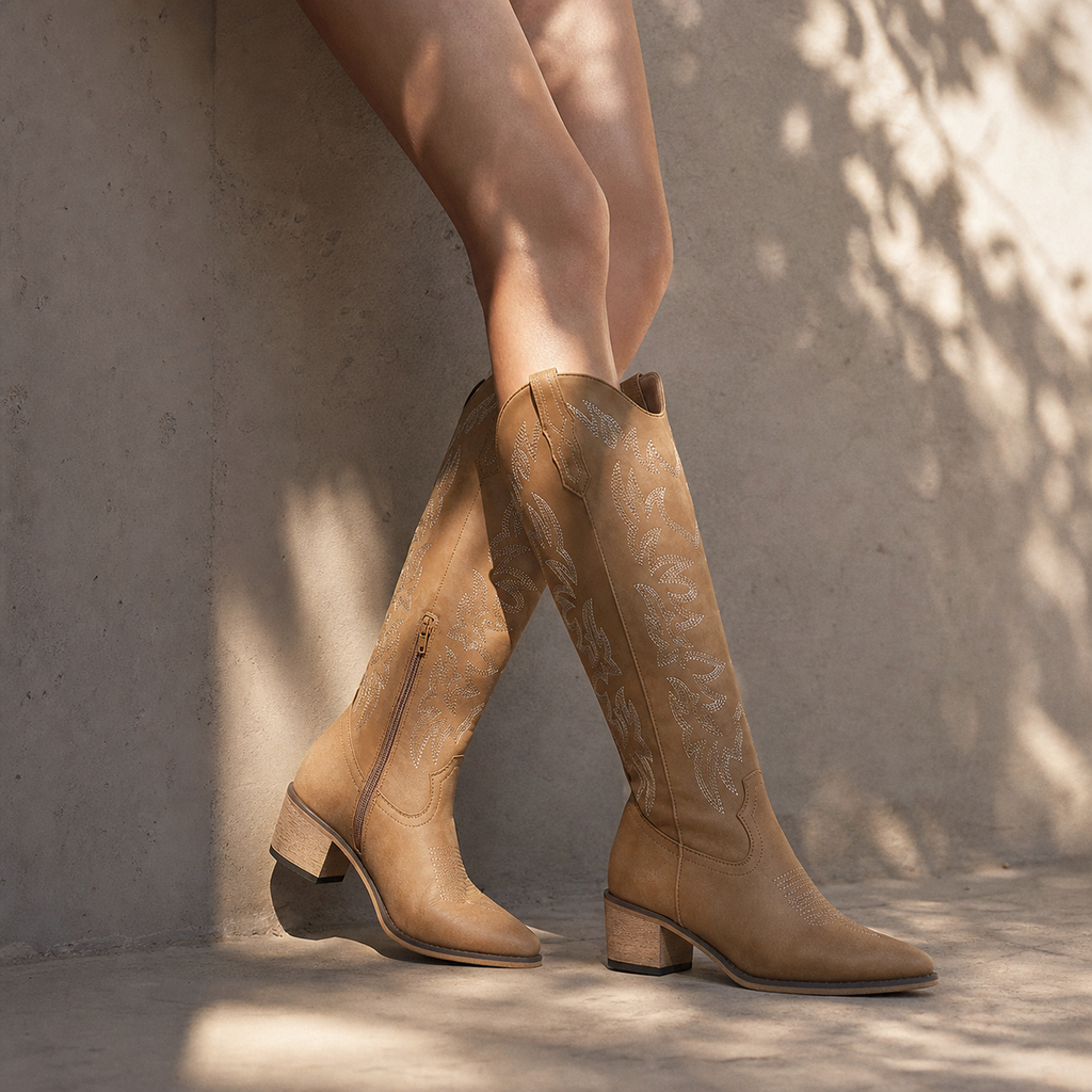 Rich Brown Pavia Leather Knee-High Boots on-foot view