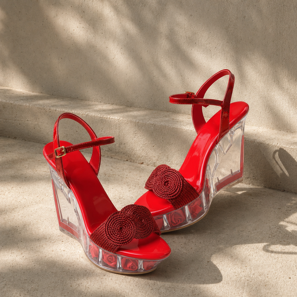 Deep Red Silvia Microfiber Wedge Sandals styled scene