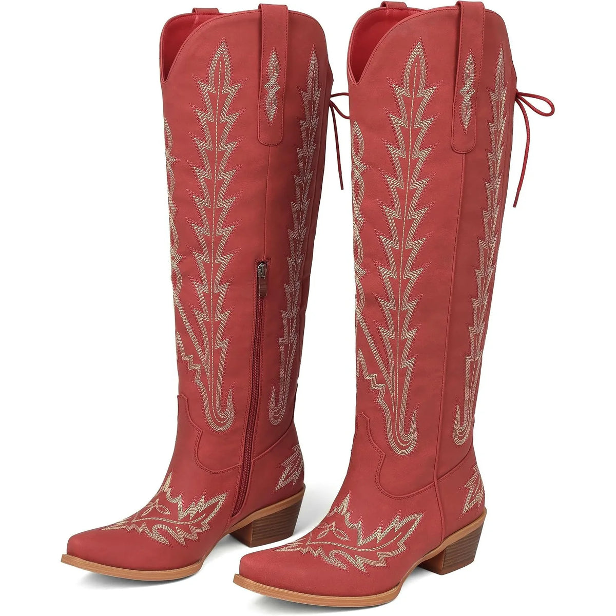 Deep Red Mertola Embroidered Knee-High Boots side view