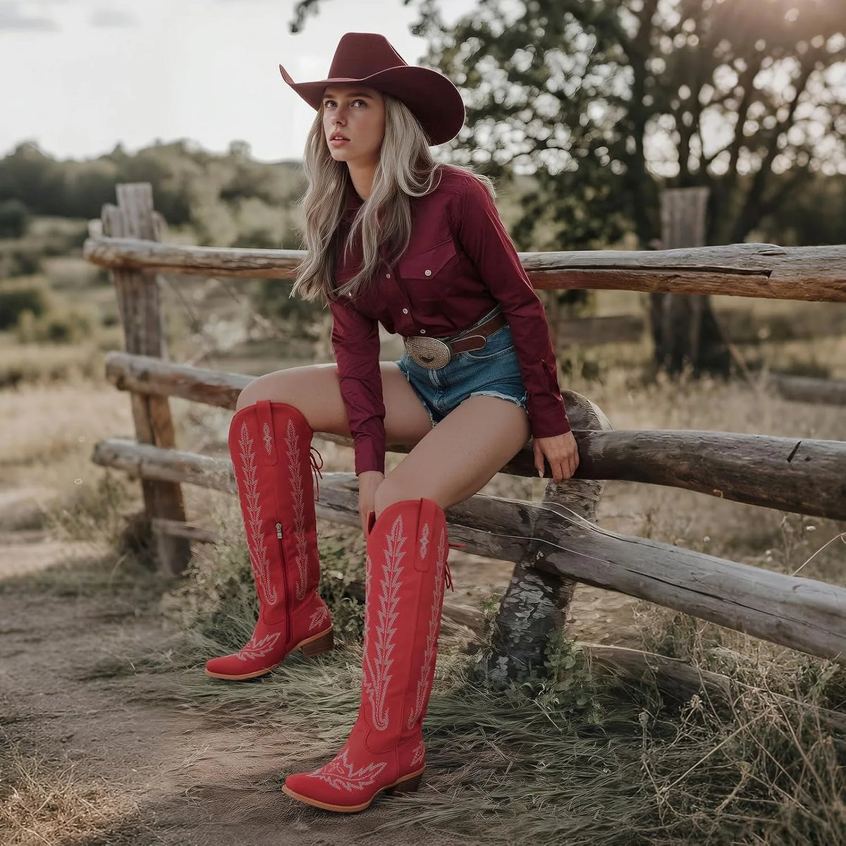 Deep Red Mertola Embroidered Knee-High Boots lifestyle scene