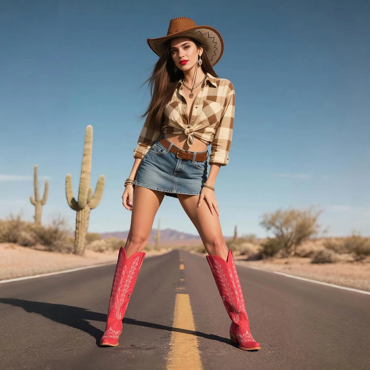 Deep Red Mertola Embroidered Knee-High Boots on-foot view