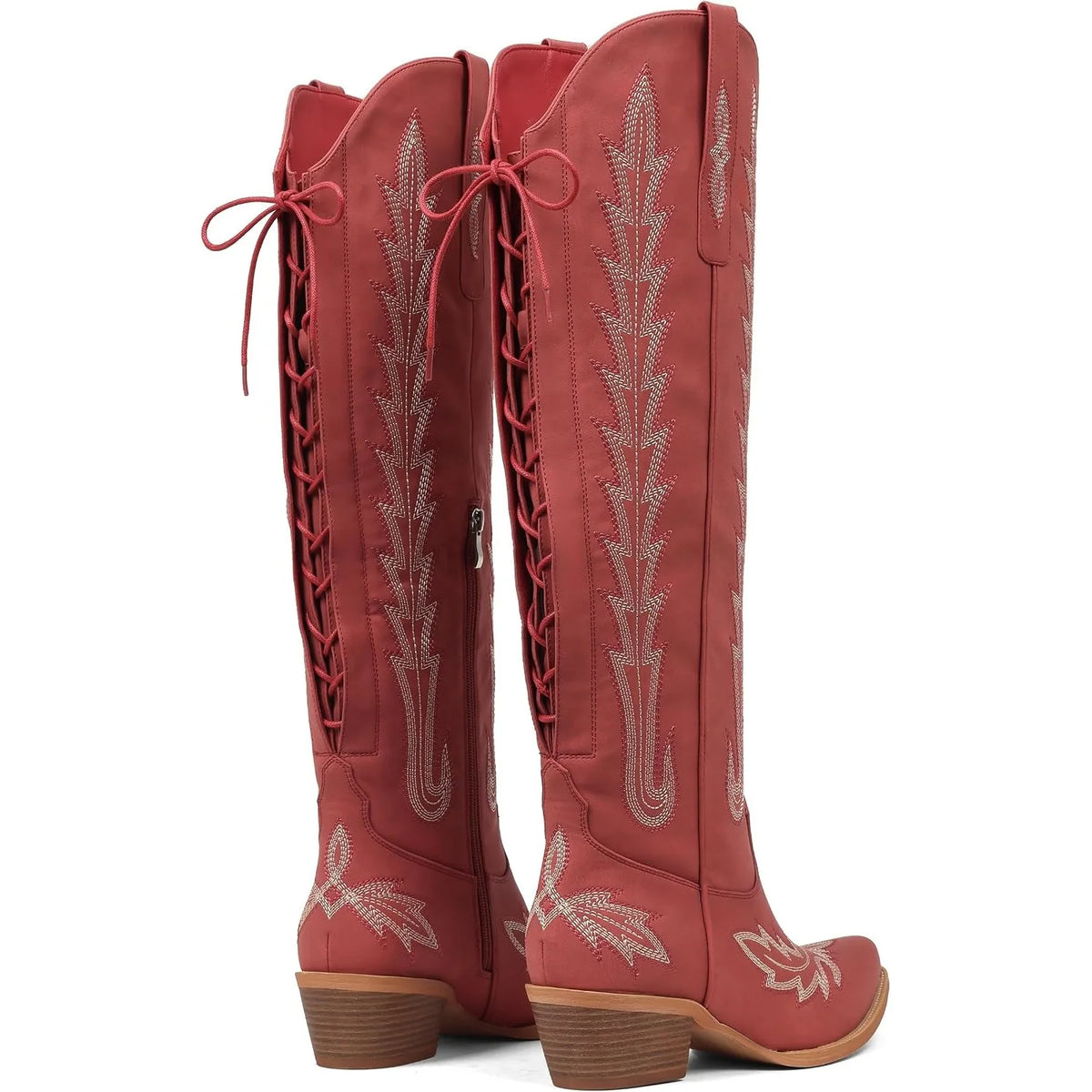 Deep Red Mertola Embroidered Knee-High Boots heel detail