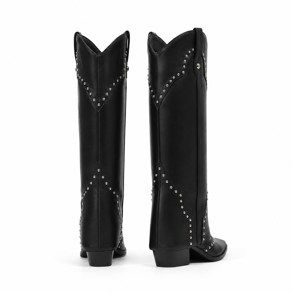 Deep Black Coimbra Leather Knee-High Boots heel detail