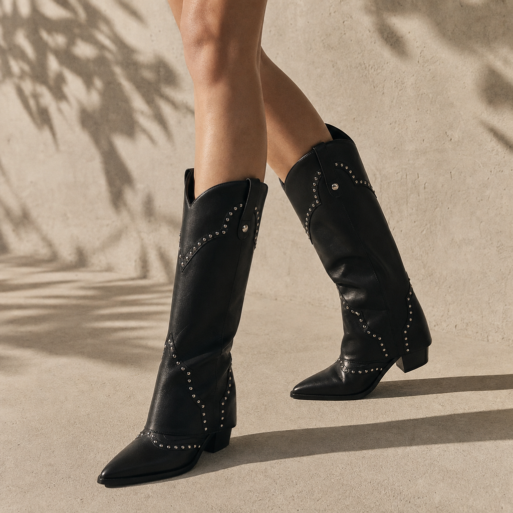 Deep Black Coimbra Leather Knee-High Boots on-foot view