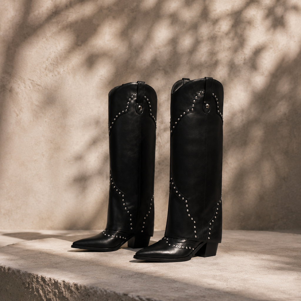 Deep Black Coimbra Leather Knee-High Boots styled scene