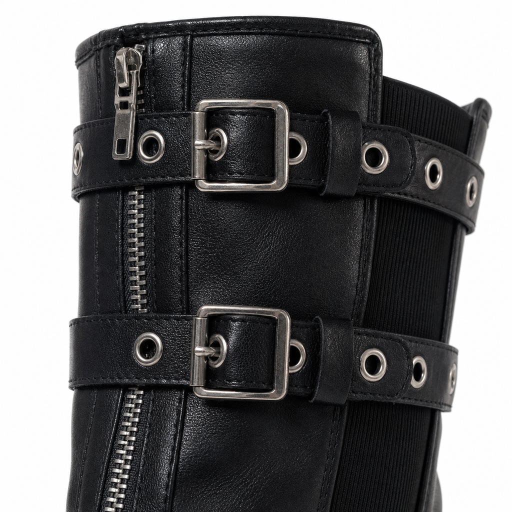Deep Black Spoleto Leather Block-Heel Boots close-up detail