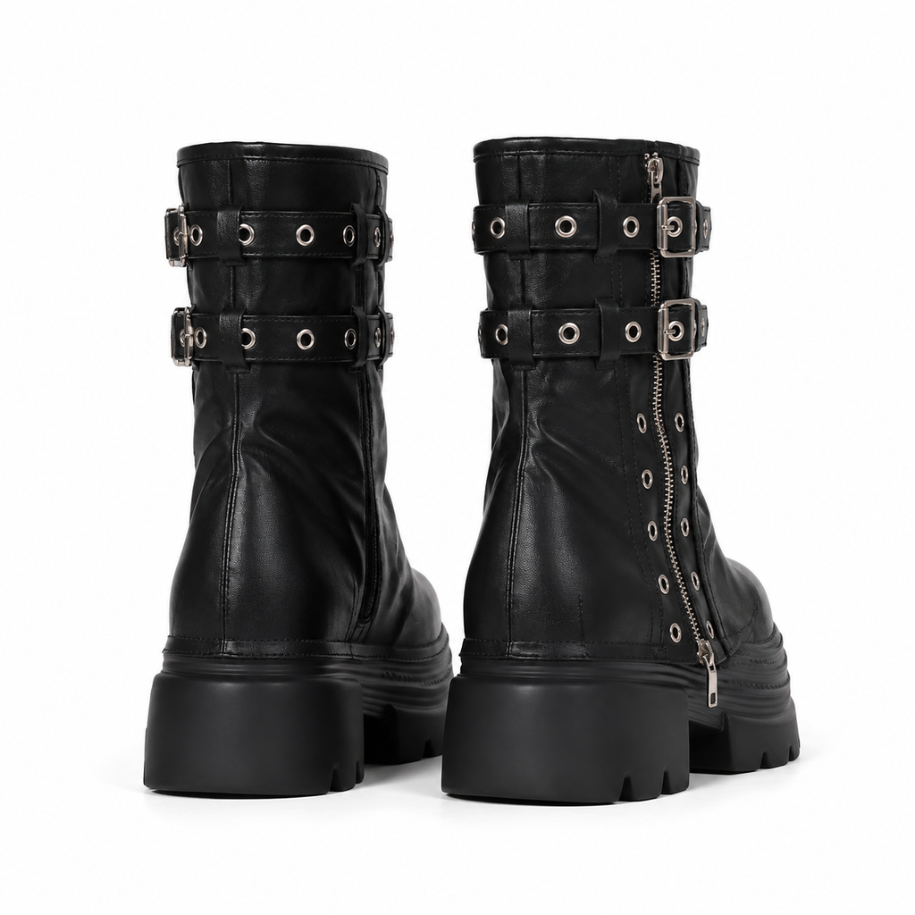 Deep Black Spoleto Leather Block-Heel Boots heel detail