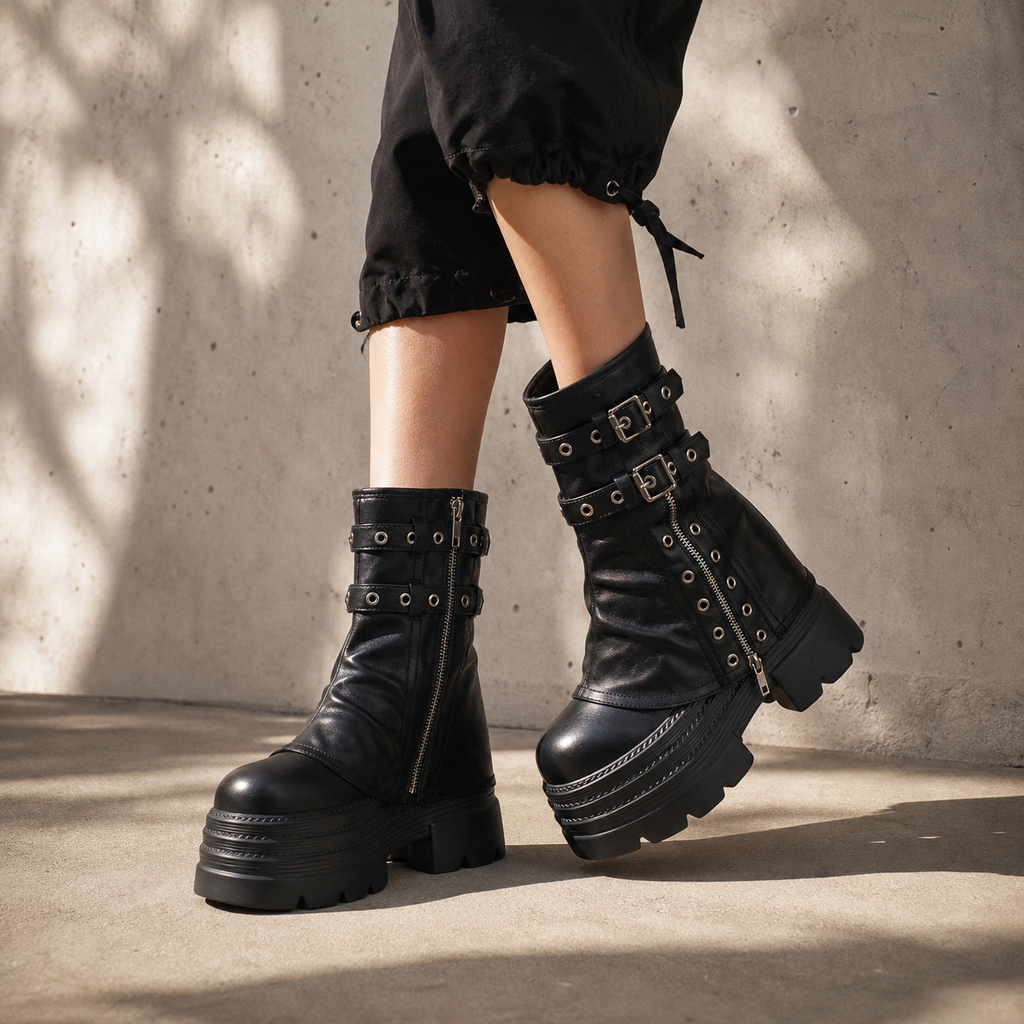 Deep Black Spoleto Leather Block-Heel Boots on-foot view