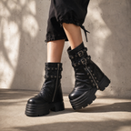Deep Black Spoleto Leather Block-Heel Boots on-foot view
