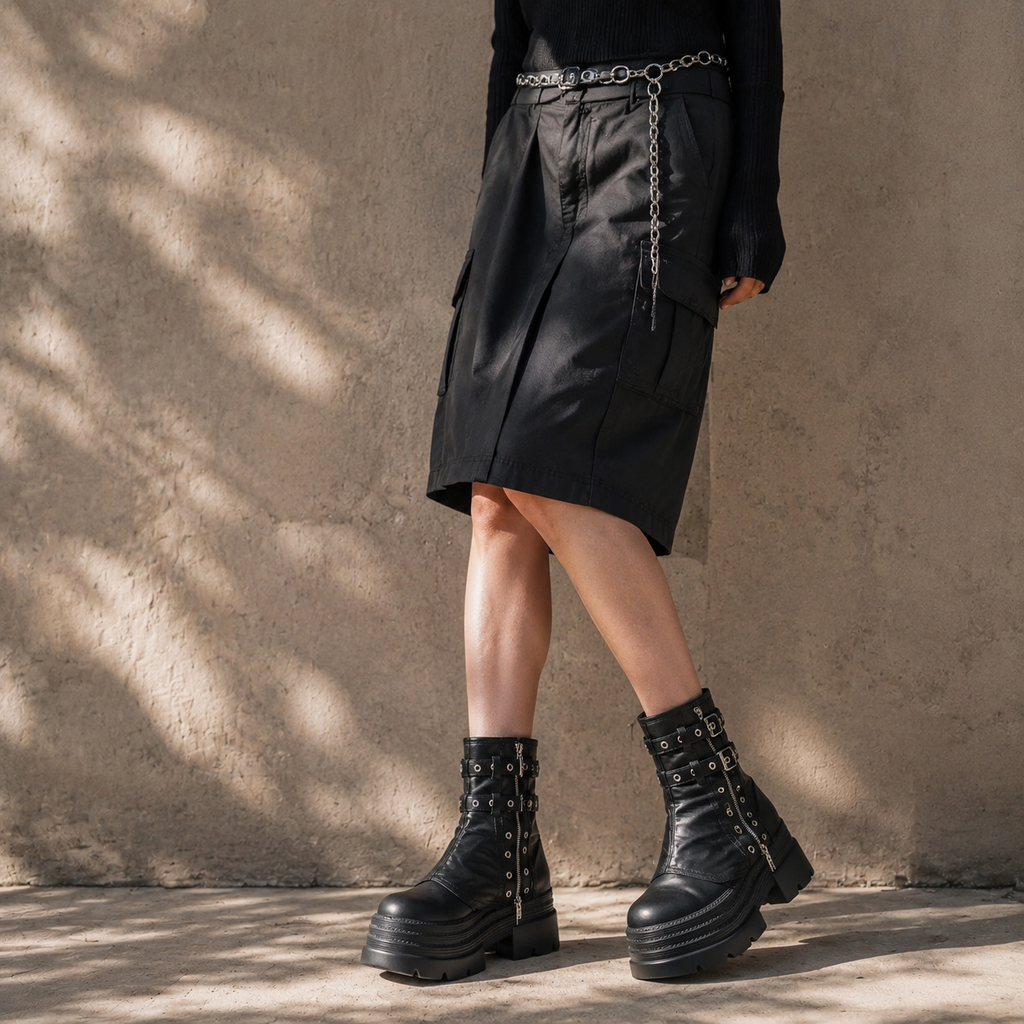 Deep Black Spoleto Leather Block-Heel Boots lifestyle scene