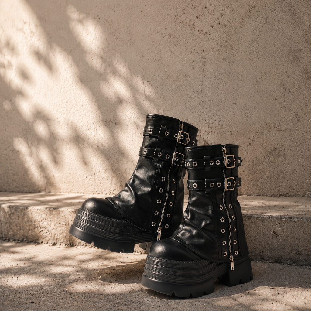Deep Black Spoleto Leather Block-Heel Boots styled scene
