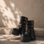 Deep Black Spoleto Leather Block-Heel Boots styled scene
