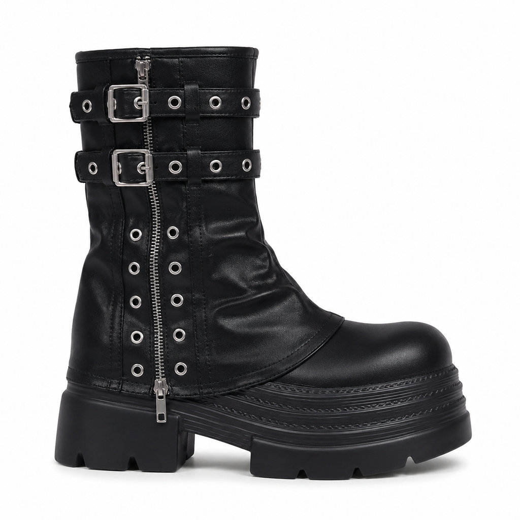 Deep Black Spoleto Leather Block-Heel Boots side view