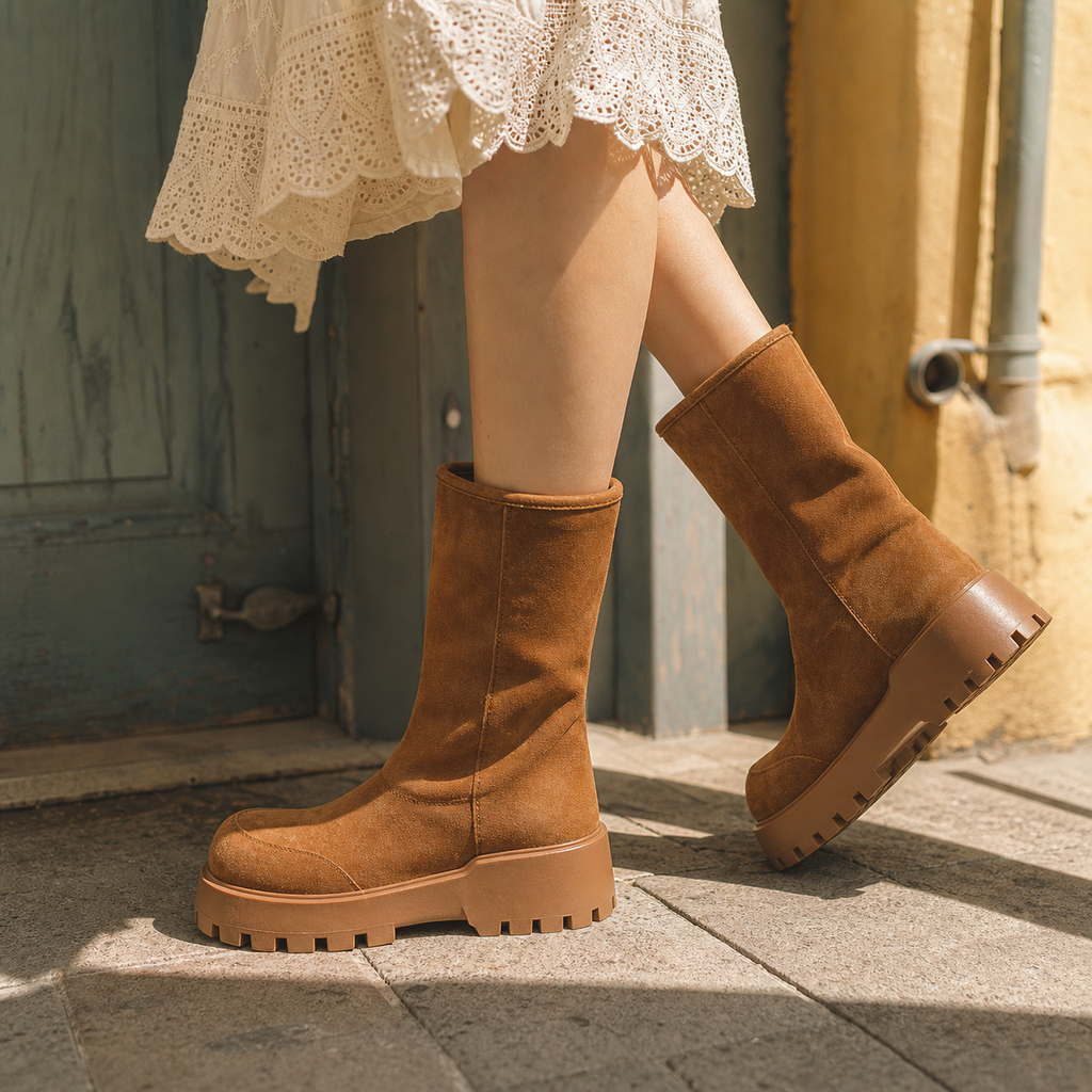Butter Yellow Ronda Leather Platform Boots on-foot view