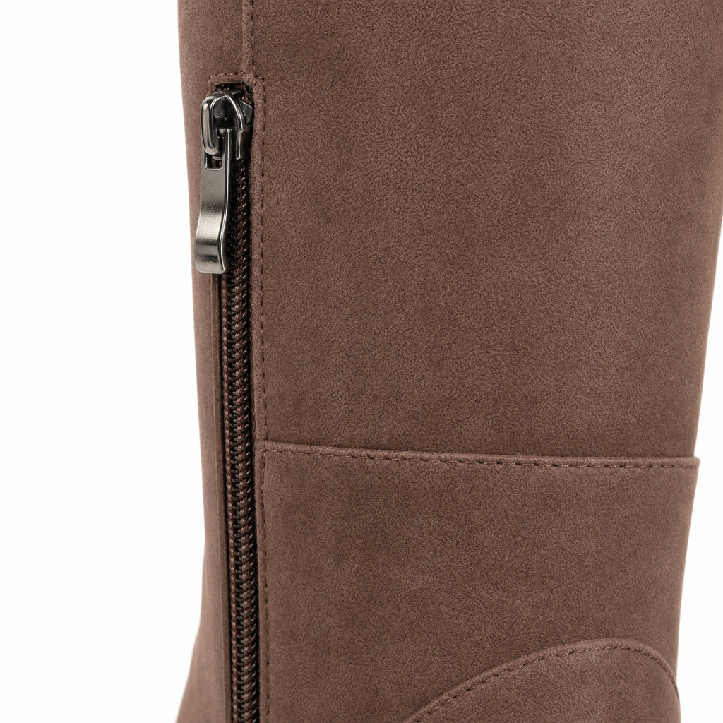 Warm Beige Girona Suede Block-Heel Boots close-up detail