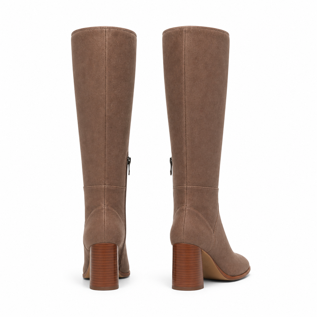 Warm Beige Girona Suede Block-Heel Boots heel detail