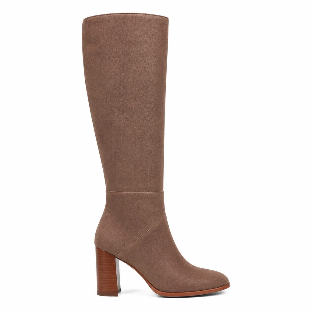 Warm Beige Girona Suede Block-Heel Boots side view