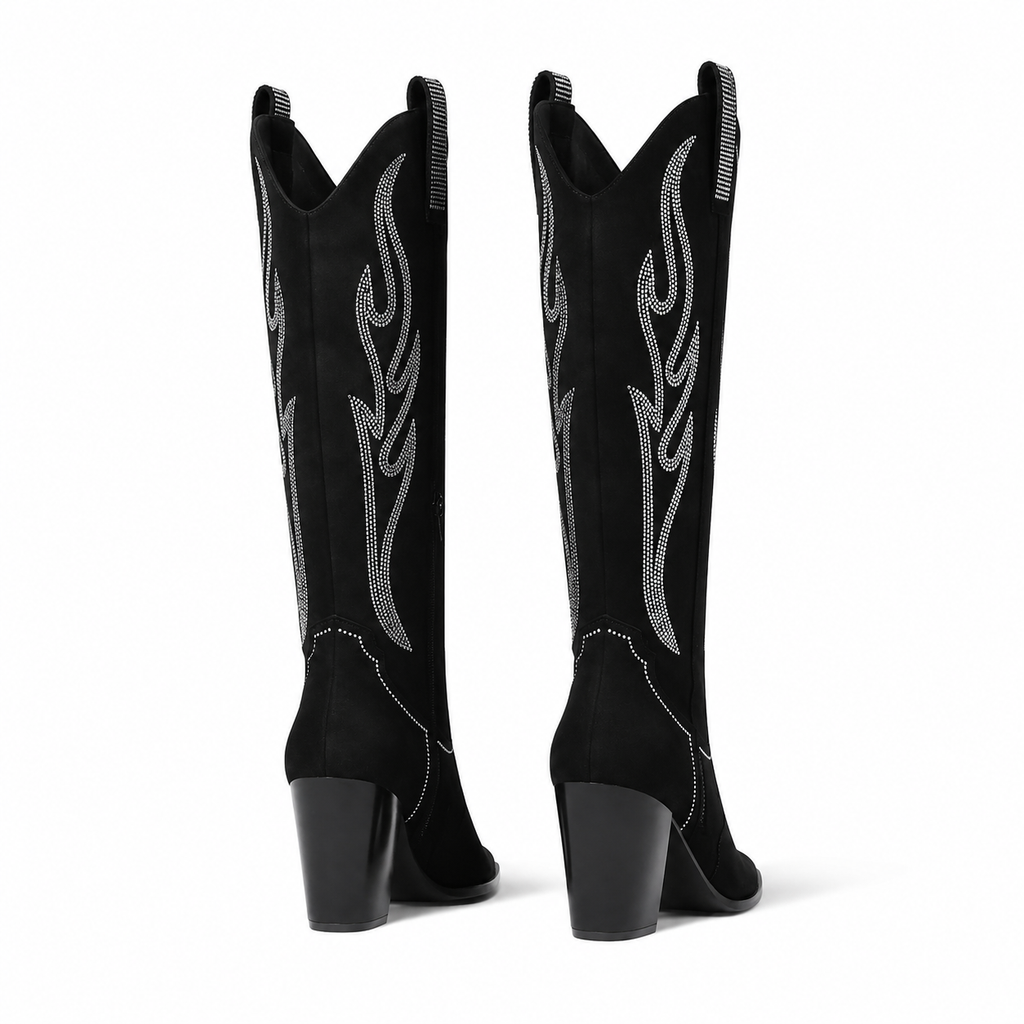 Deep Black Trani Leather Block-Heel Boots heel detail