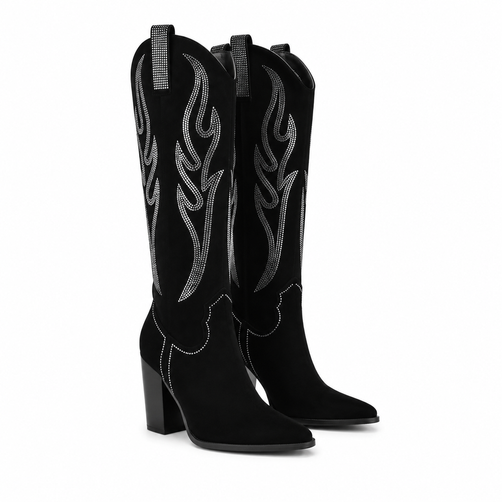 Deep Black Trani Leather Block-Heel Boots