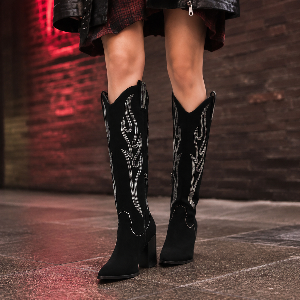 Deep Black Trani Leather Block-Heel Boots on-foot view