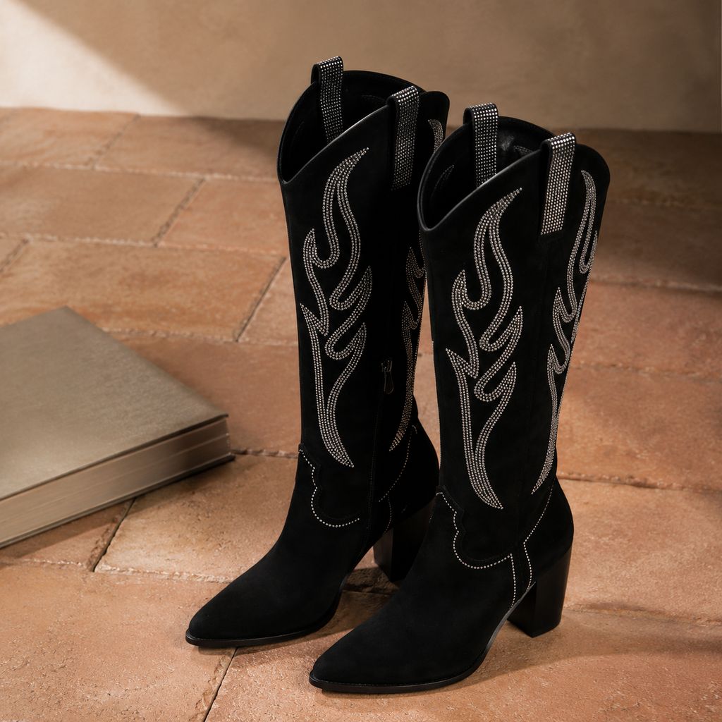 Deep Black Trani Leather Block-Heel Boots styled scene