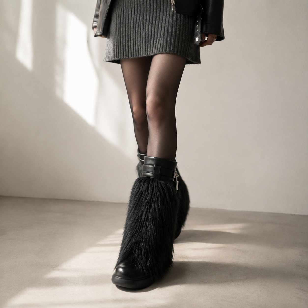 Deep Black Matera Leather Knee-High Boots on-foot view