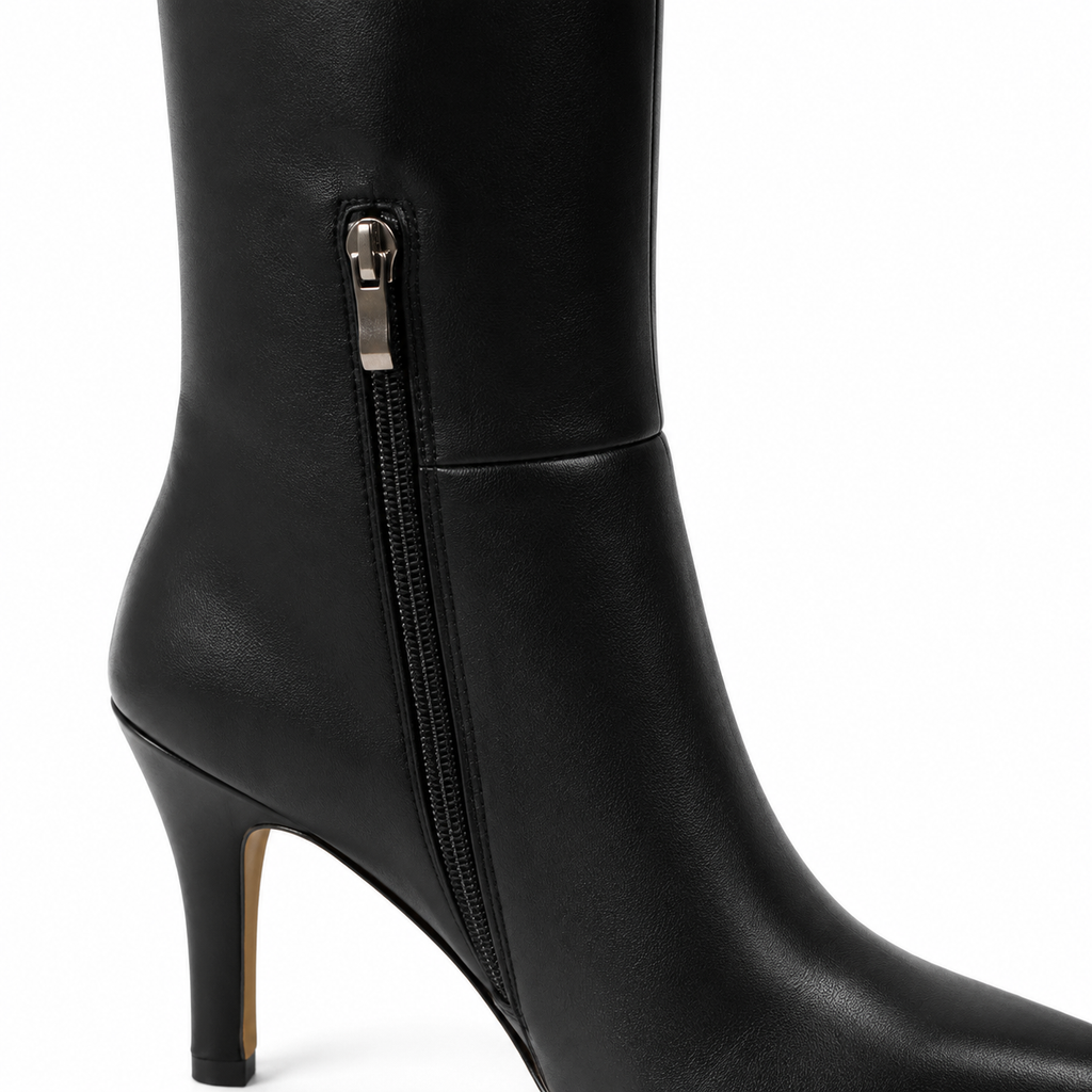 Deep Black Lucca Leather Thin-Heel Boots close-up detail