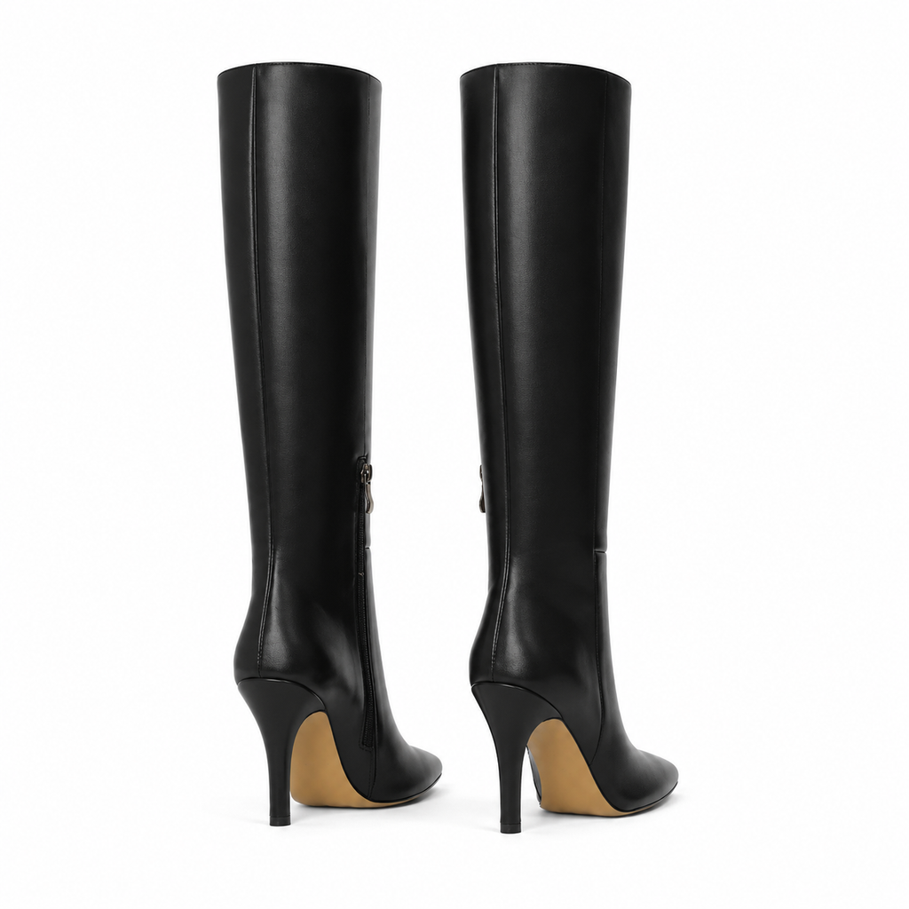 Deep Black Lucca Leather Thin-Heel Boots heel detail