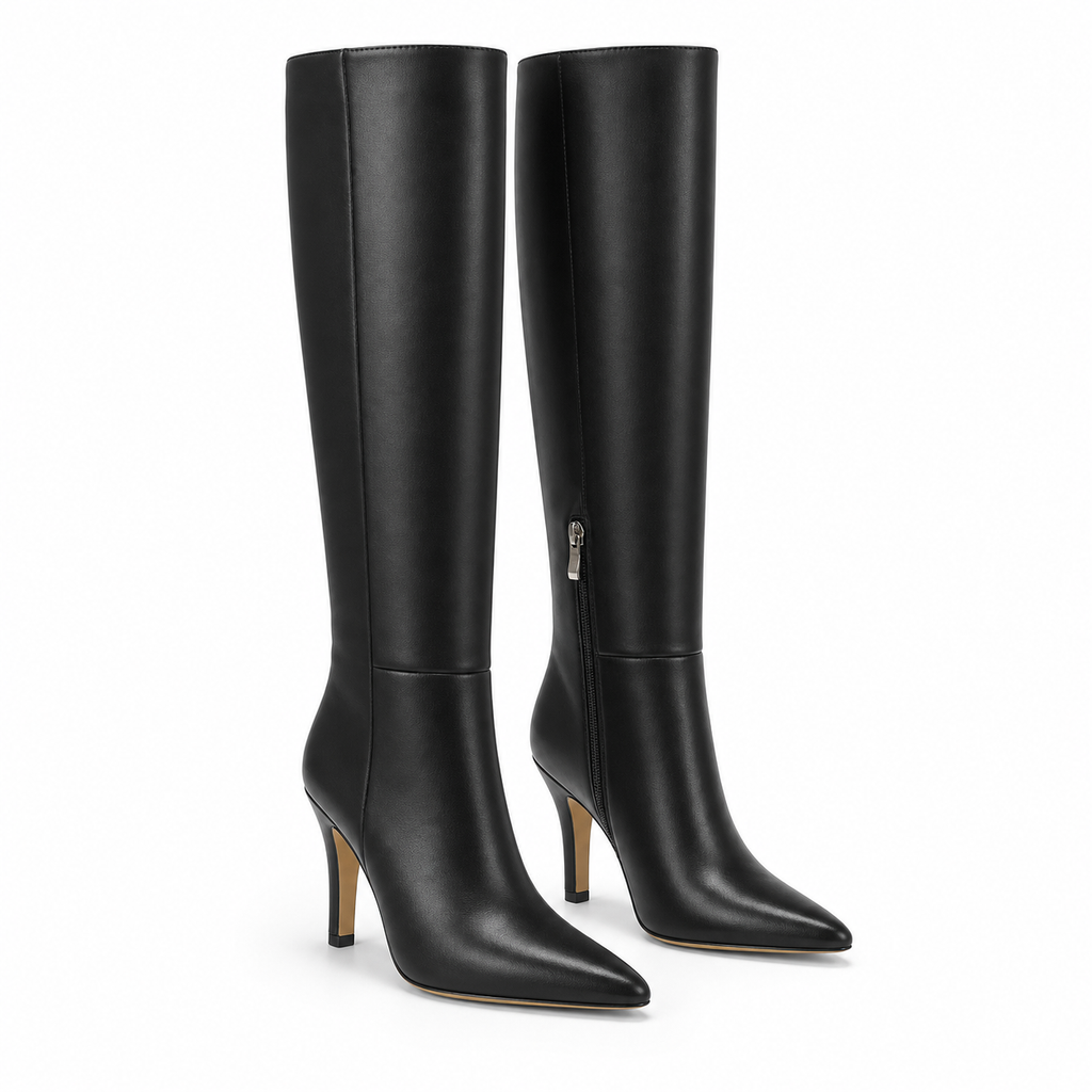 Deep Black Lucca Leather Thin-Heel Boots