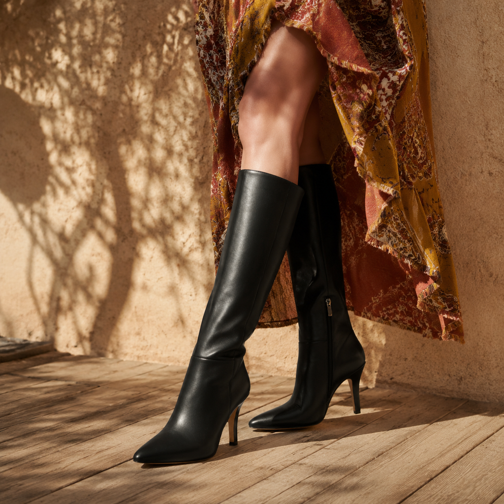 Deep Black Lucca Leather Thin-Heel Boots on-foot view