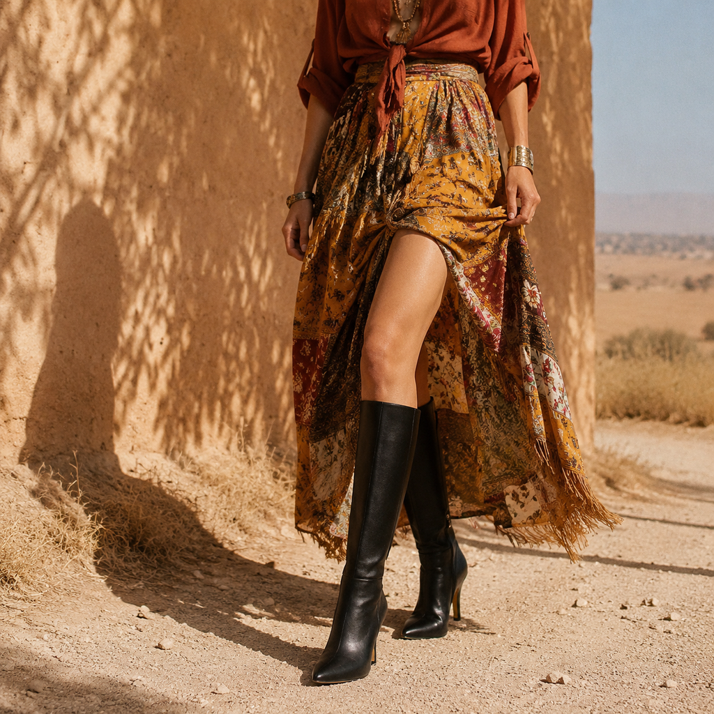 Deep Black Lucca Leather Thin-Heel Boots lifestyle scene