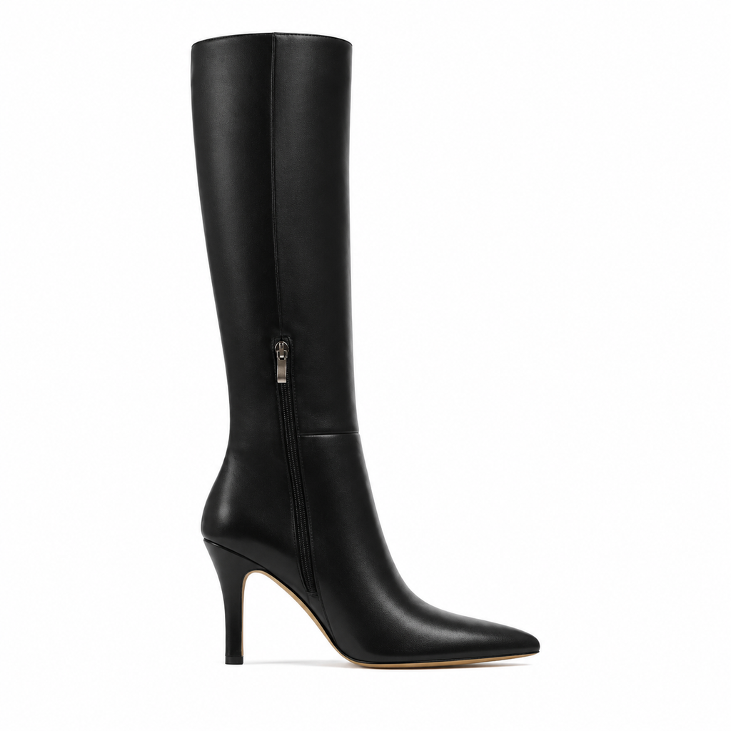 Deep Black Lucca Leather Thin-Heel Boots side view