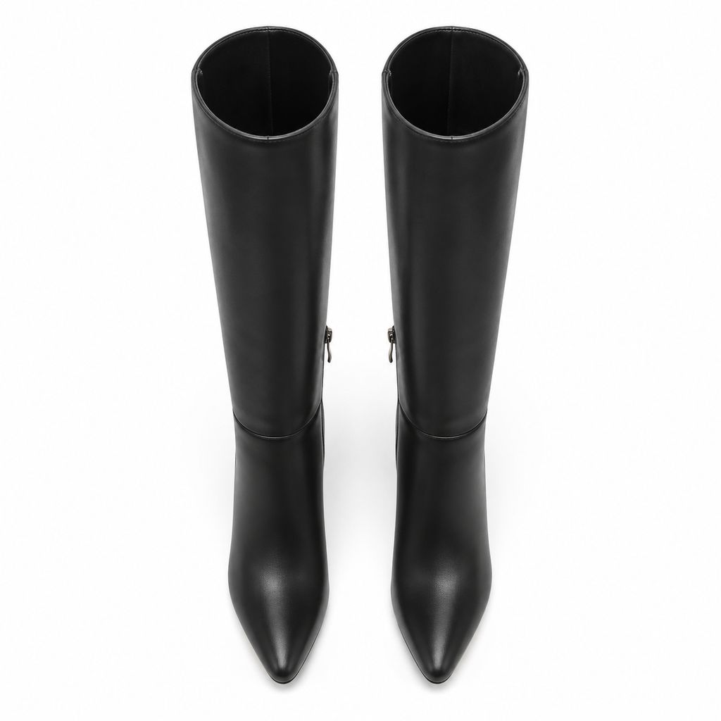 Deep Black Lucca Leather Thin-Heel Boots top view