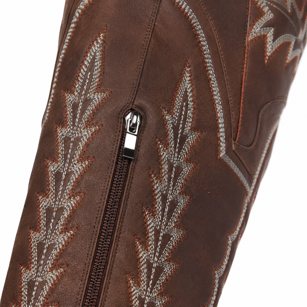 Rich Brown Todi Leather Block-Heel Boots close-up detail