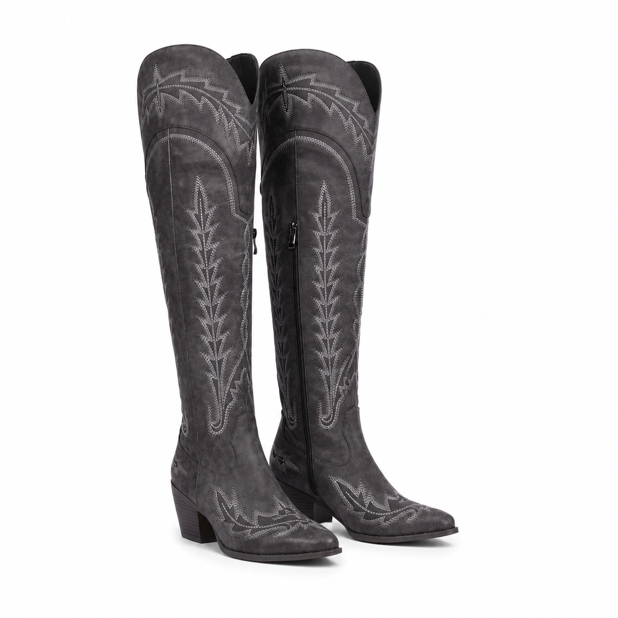 Pebble Grey Todi Leather Block-Heel Boots