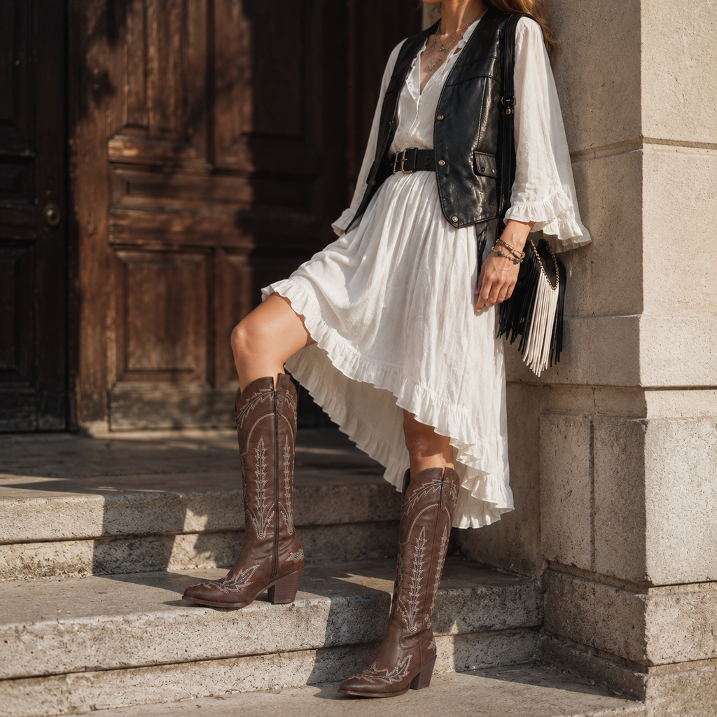 Rich Brown Todi Leather Block-Heel Boots lifestyle scene