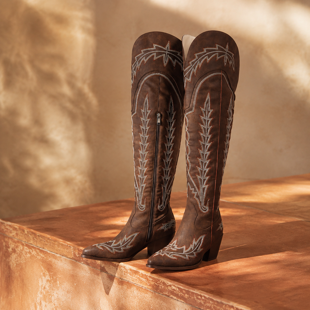 Rich Brown Todi Leather Block-Heel Boots styled scene