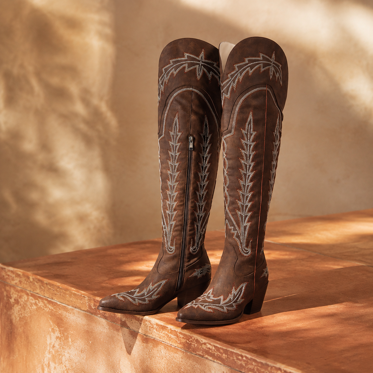 Rich Brown Todi Leather Block-Heel Boots styled scene