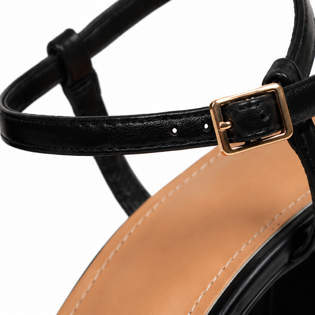 Deep Black Antonia Microfiber Ankle-Strap Sandals close-up detail