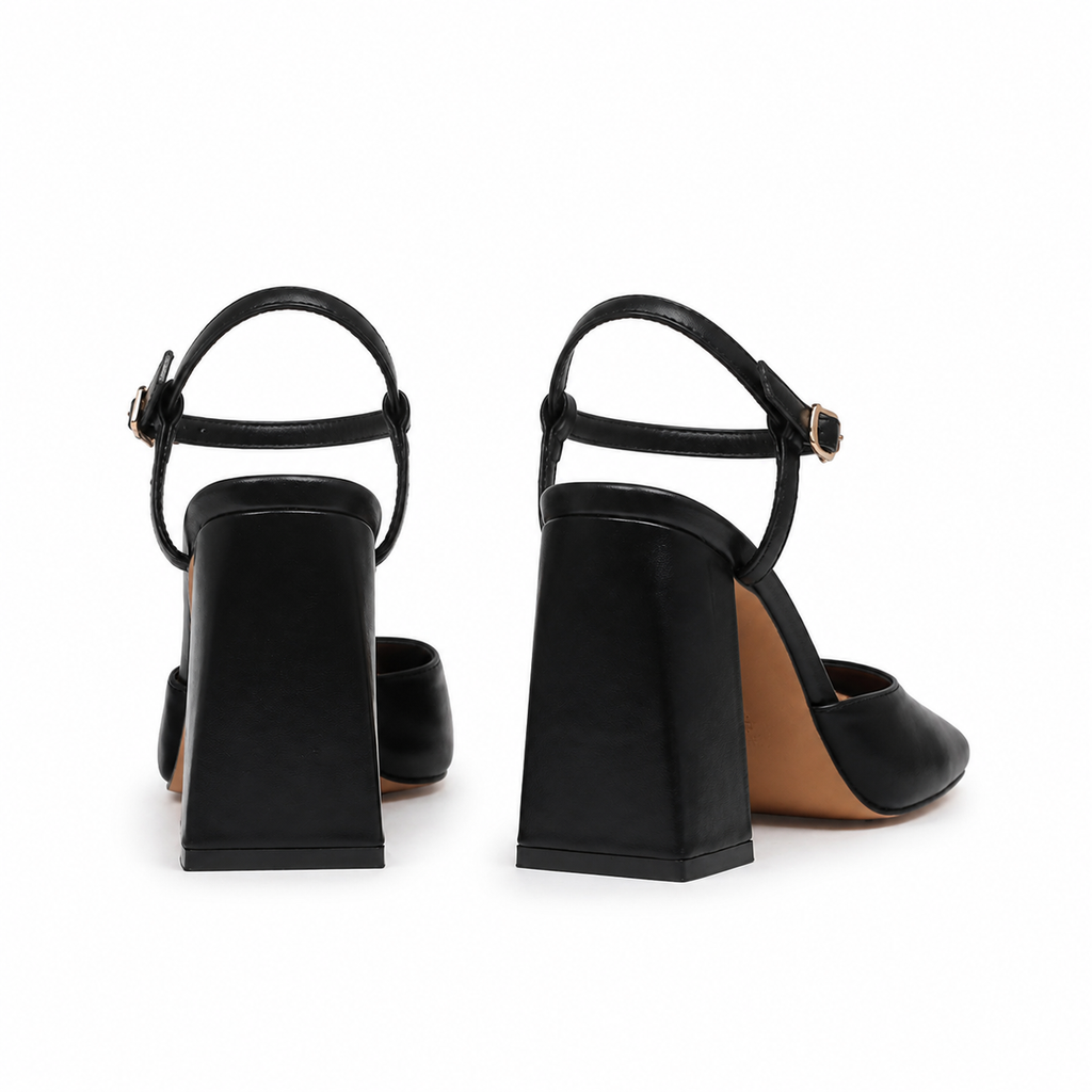 Deep Black Antonia Microfiber Ankle-Strap Sandals heel detail