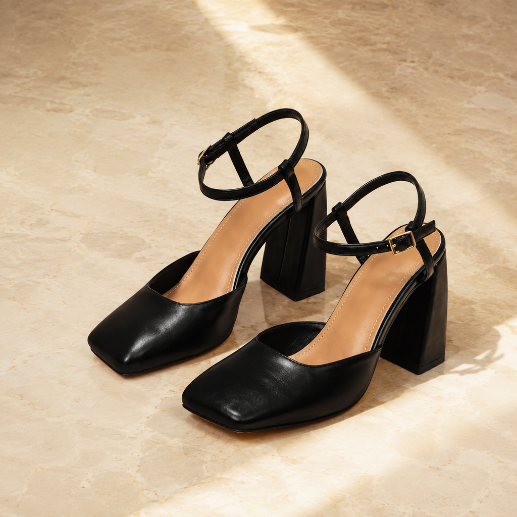 Deep Black Antonia Microfiber Ankle-Strap Sandals styled scene