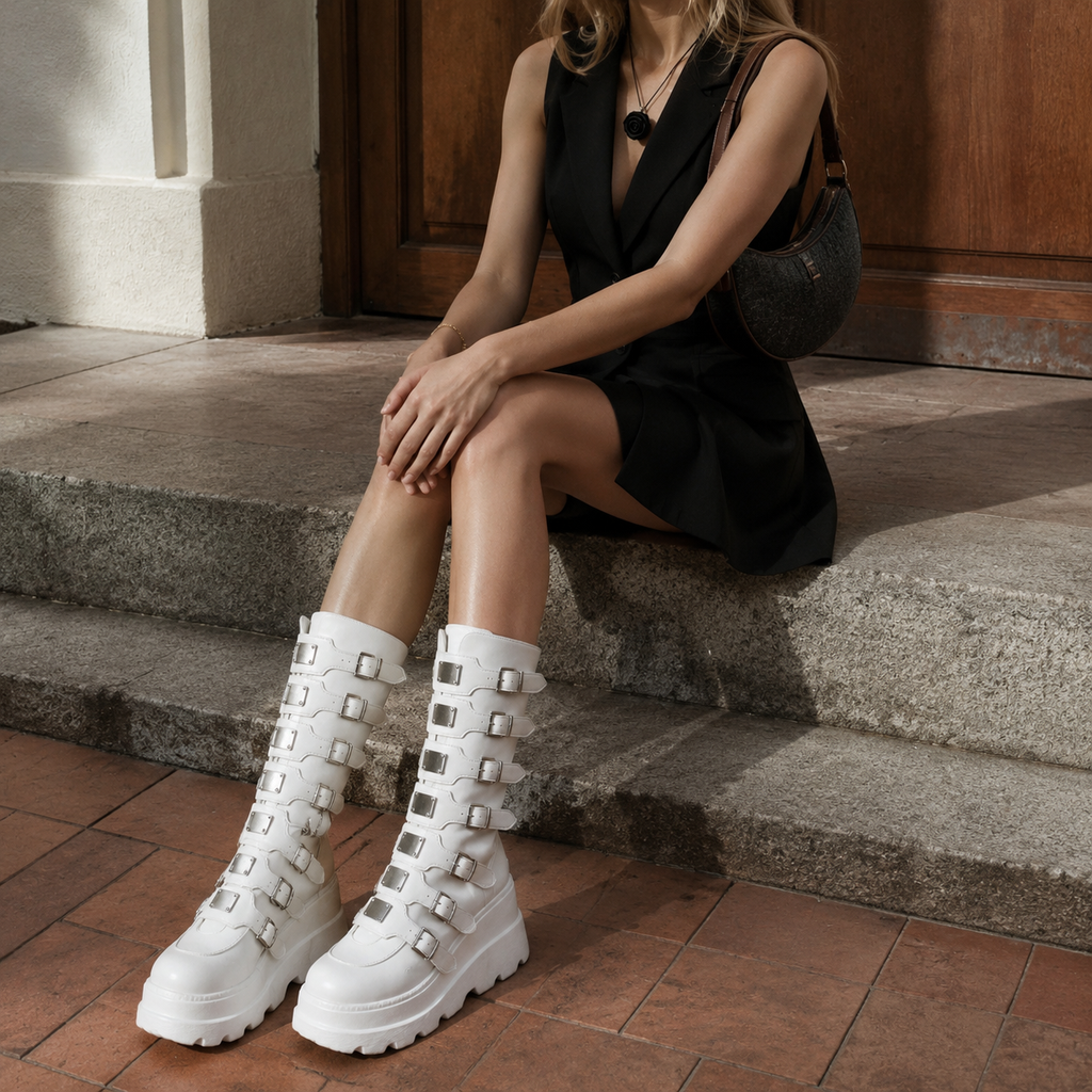 Cream Ivory Volterra Leather Platform Boots lifestyle scene