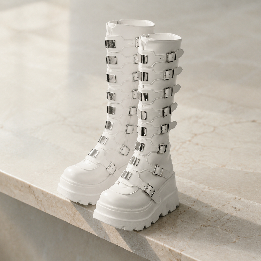 Cream Ivory Volterra Leather Platform Boots styled scene