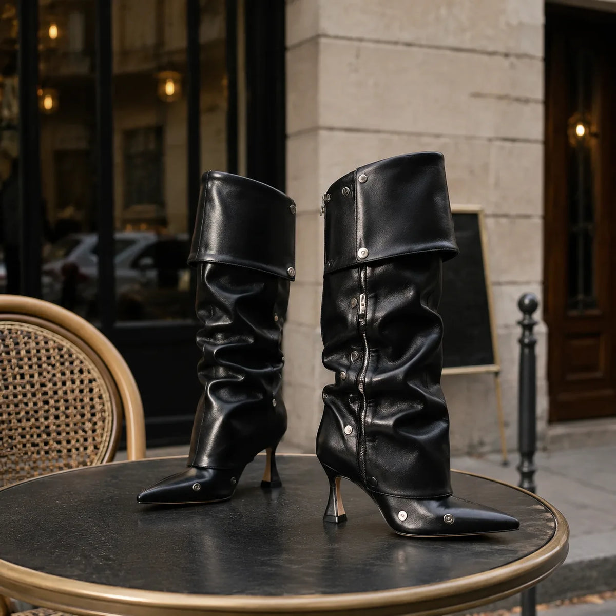 Deep Black Moneglia Thin-Heel Boots styled scene