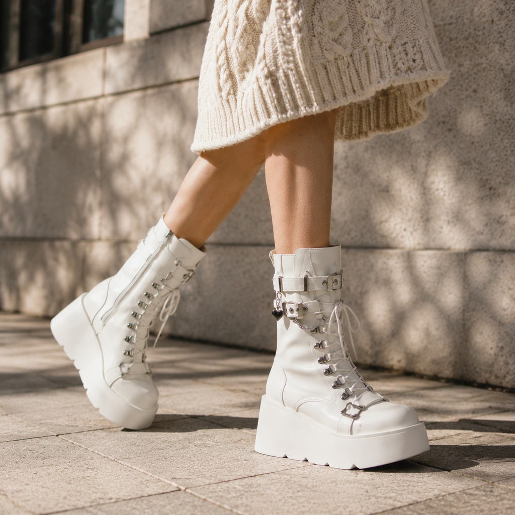 Cream Ivory Cortona Leather Wedge Boots on-foot view