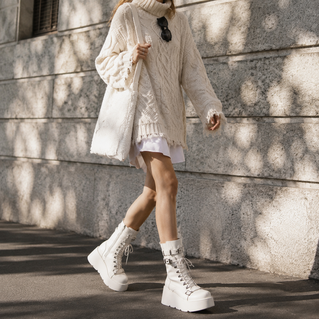 Cream Ivory Cortona Leather Wedge Boots lifestyle scene
